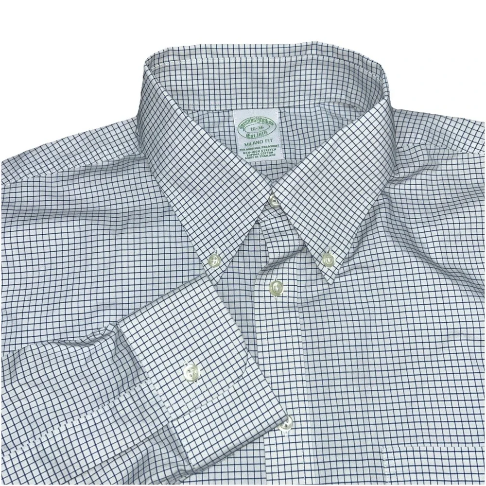 Brooks Brothers Milano Fit Small Check Button Down Men's 16-38 Navy/White Supima